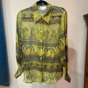 Vintage Yellow and Brown Sheer Button-Up SILK Blouse SIZE 8